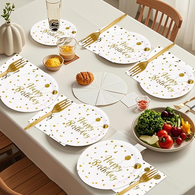 48PCS Happy Birthday Plates and Napkins Party Supplies, White and Gold Disposable Paper Plates and Napkins with Forks Tableware Set for Birthday Party Decorations 16 Guests