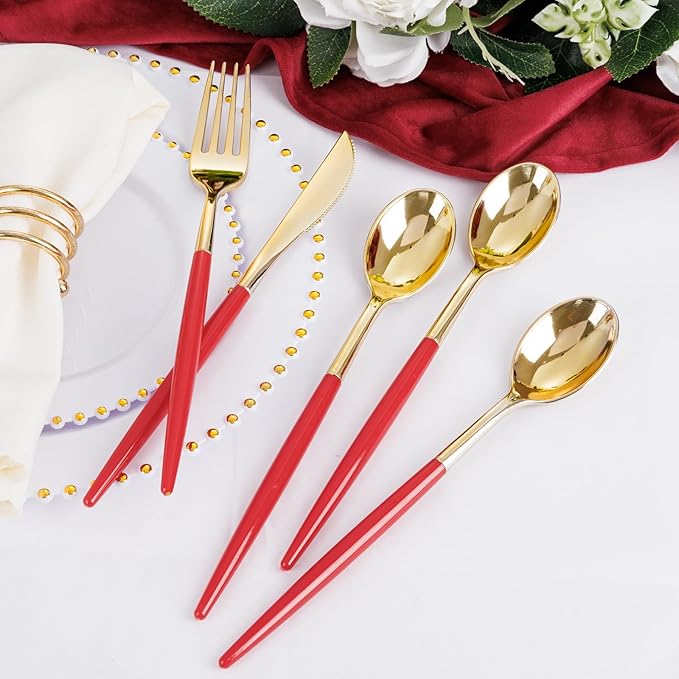 Supernal 102PCS Red Plastic Silverware, Gold Plastic Utensils with Red Handle, Gold Disposable Utensils Heavy Duty Includes 34 Forks, 34 Spoons and 34 Knives prefect for party, wedding & Mother's day