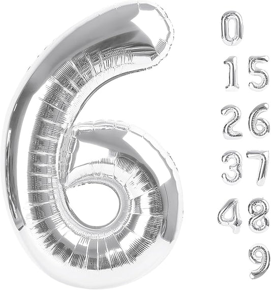 Number 6 Balloon 40 Inch, 6 7 Six Seven Birthday Decorations, 6th Birthday Balloon for Boy Girl, Silver 16 60 61 65 Numbers Balloons Graduations Anniversary Supplies