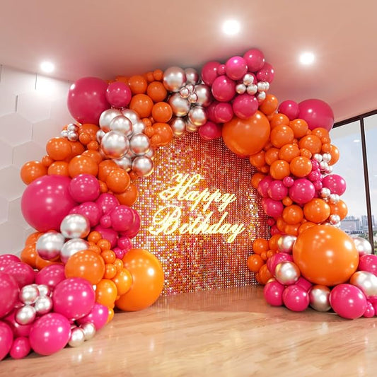 Pink and Orange Balloon Arch Kit, 180Pcs Hot Pink Orange Metallic Silver Latex Balloon Garland kit, 18 12 10 5 Inch Different Size Balloons for Birthday Baby Shower Wedding Party Decorations