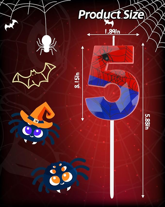 Number 5 Spider Themed Birthday Candle, 2.68 Inch Red Blue Spider Birthday Candles, Number Candles Birthday Cake Toppers Web Candles for Boy Girl Spider Party Decoration Supplies Halloween Party