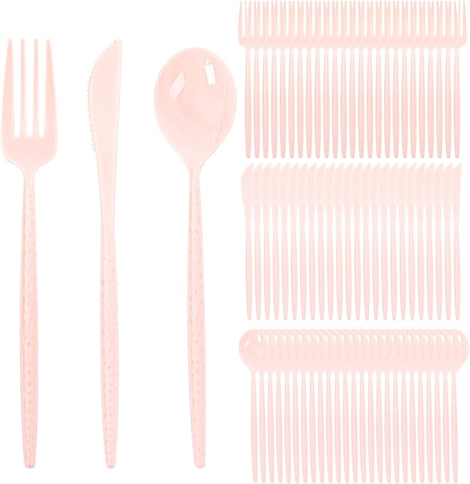 Supernal 360pcs Pink Plastic Silverware Set - Hammered Design Heavy Duty Disposable Cutlery (120 Forks, 120 Spoons, 120 Knives) | Elegant Pink Utensils for Baby Shower, Wedding & Bridal Shower