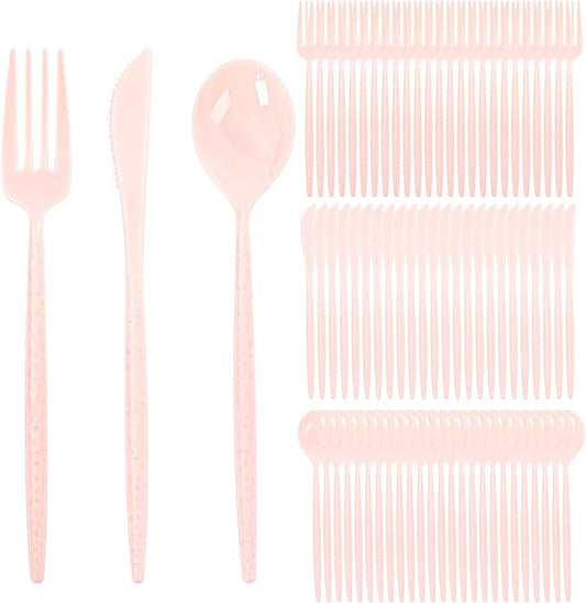 Supernal 360pcs Pink Plastic Silverware Set - Hammered Design Heavy Duty Disposable Cutlery (120 Forks, 120 Spoons, 120 Knives) | Elegant Pink Utensils for Baby Shower, Wedding & Bridal Shower