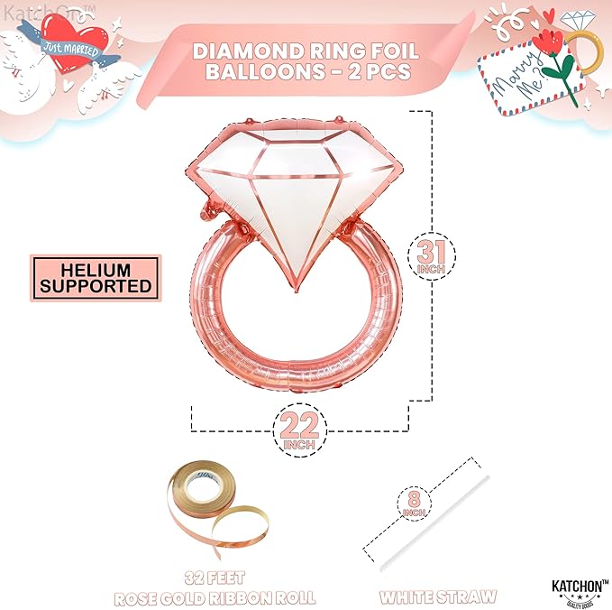 KatchOn, Rose Gold Diamond Ring Balloon - 31 Inch | Pack of 2 | Bachelorette Balloons | Engagement Ring Balloon | Bridal Shower Decorations