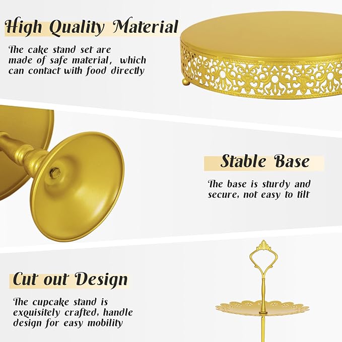 Fivenl 8 Pcs Cake Stand Gold Metal Dessert Table Display Set, 3-Tier Cupcake Stand, Cake Display Tower and Cookie Tray Rack Serving Tray for Birthday Party, Weddings, Baby Shower (Gold)
