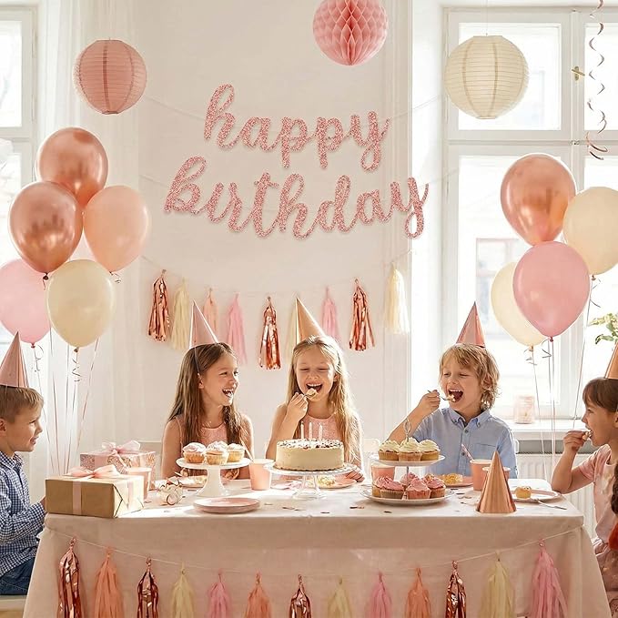 Glitter Happy Birthday Banner Sign, Reusable Birthday Celebration Garland Hanging Decorations, Wall Backdrop Banners DIY Party Supplies for Girls, Women (Rose Gold)