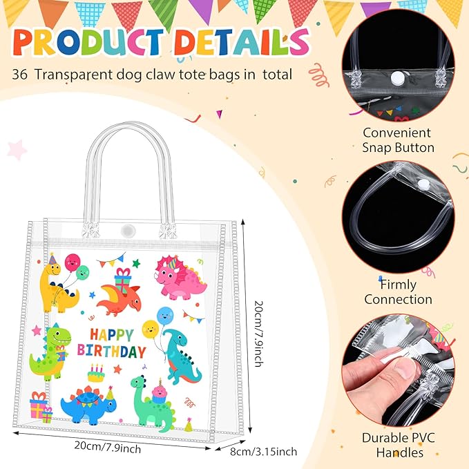 Supervitae 36 Pcs Dinosaur Clear Favor Bags with Handle Reusable Plastic PVC Gift Bag Animal Goodies Treats Wrap Totes for Birthday Party Supplies, 8 x 8 x 3.15 Inch