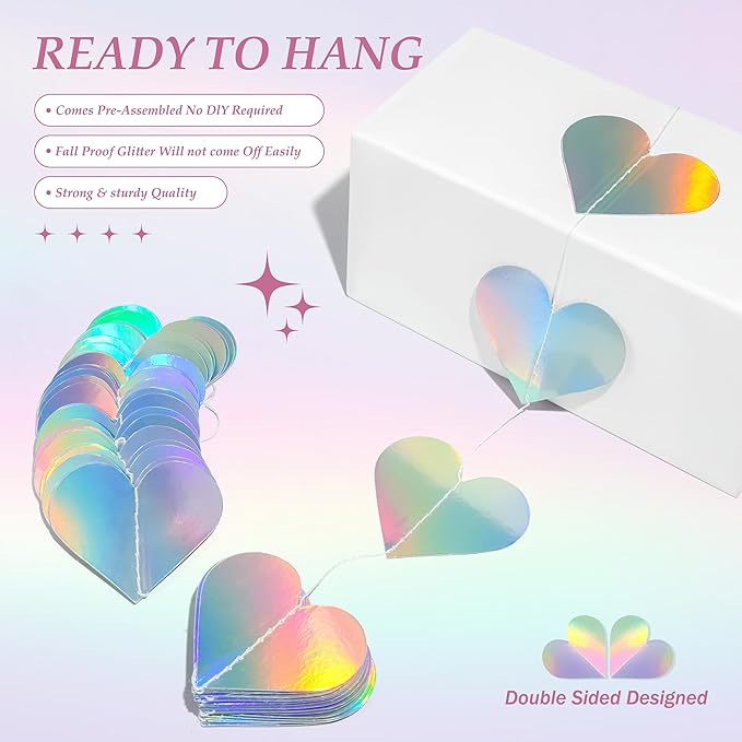 40Ft Iridescent Holographic Heart Valentines Day Garland Disco Hanging Streamer Decor for Galentines Valentines Day, Wedding, Bridal Bachelorette Baby Shower Birthday Party