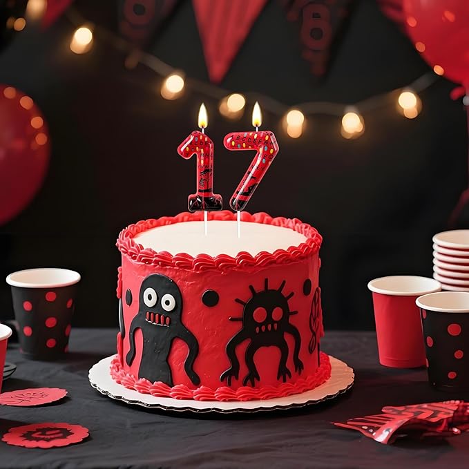 Red Number 7 Birthday Candle for Cake – Dark Horror Style with Alphabet Print & Shadow Design – Unique Cake Topper for Birthday, Anniversary, Themed Party Decoration
