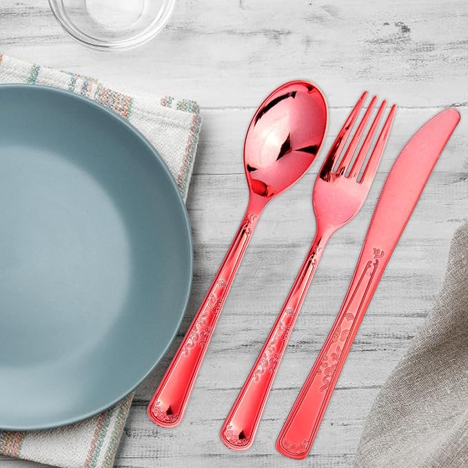 180 Pack Disposable Rose Red Plastic Silverware Contain 60 Forks,60 Spoons,60 Knives, Solid and Durable Plastic Cutlery Utensils Set Perfect for Parties,weddings.