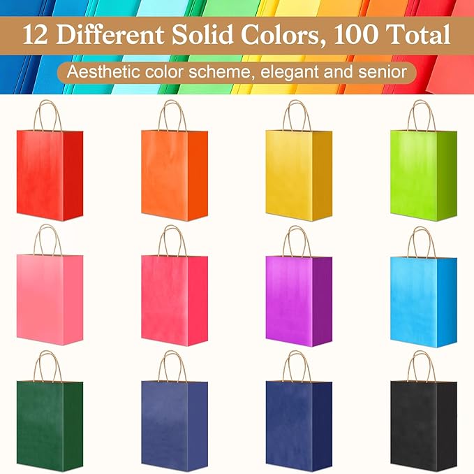 100 PCS Medium Gift Bags with Handles, 7.88"x4.73"x10.64" Party Favor Bags, 12 Colored Goodie Bags for Birthday Party, Kraft Paper Gift Bags Bulk for Wedding, Baby Shower, Celebrations, Party Supplies