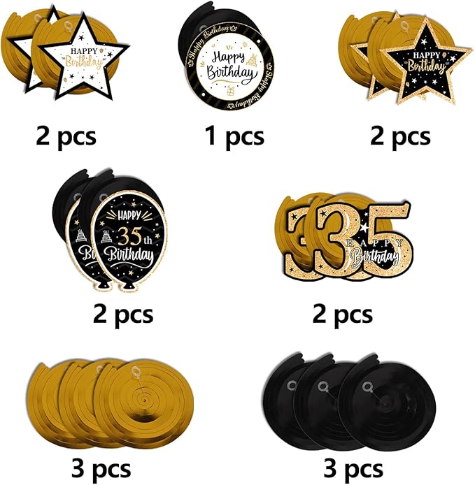 Happy 35th Birthday Black & Gold Glitter Swirls Streamers Party Decorations - 15 Pcs 35th Birthday Hanging Swirls Streamers Kit,Perfect for 35th Bday Party Sign.