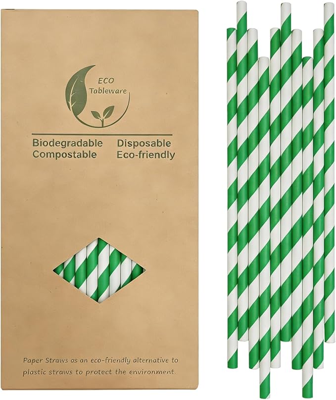 Green Stripes Paper Drinking Straws, Biodegradable Disposable Christmas Green White Striped Straws, Spring Green Straws 7.75 inch (100 of Box)
