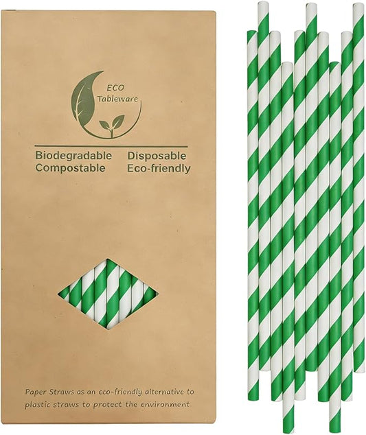 Green Stripes Paper Drinking Straws, Biodegradable Disposable Christmas Green White Striped Straws, Spring Green Straws 7.75 inch (100 of Box)