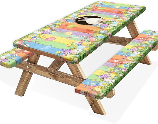 Easter Picnic Table Cover with Bench Covers, Cute Bunny Flower Colorful Wooden Board Camping Tablecloth, Waterproof Windproof, Fitted Tablecloth Cover with Elastic Edge, for Outdoor, 3 PCS, 30x60 Inch