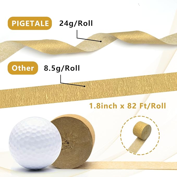 PIGETALE Crepe Paper Streamers 4 Rolls 328ft, Pack of Metallic Gold Party Streamers for Birthday Party Decorations Wedding Bridla Baby Shower Graduation Hanging Banner Decor (1.8Inch x 82Ft/Roll)