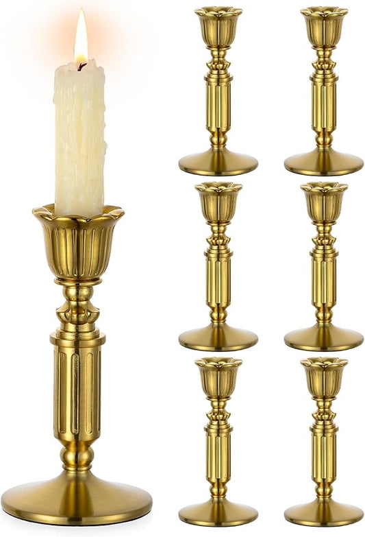 Gold Candle Holders Vintage Decor - Romadedi Solid Brass Candlestick Taper Holder for Wedding Christmas Table Centerpiece Mantel Home Decoration 5.5 Inch Set of 6