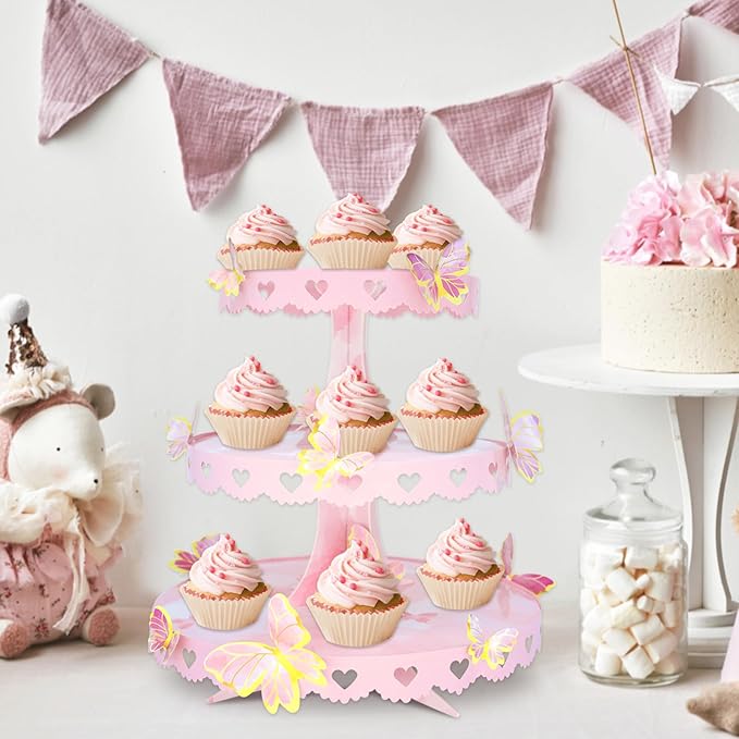 DIY 3 Tier Butterfly Cupcake Stand Pink Butterfly Decorations Princess Cupcake Stand Dessert Tower for Wedding Birthday Party Supplies