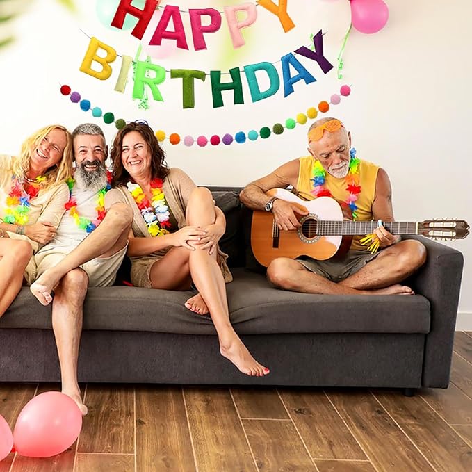 Happy Birthday Banner, Rainbow Color Felt Ball Garland Rainbow Decorations Personalized Sign for Birthday Decor Party Decor Photo Prop
