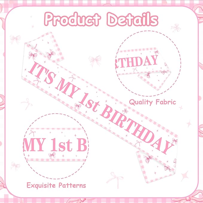 Pink Bow 1st Birthday Party Decoration It's My 1st Birthday Sash for Girl Happy 1 Year Old Birthday Sashes for Baby Girls Daughters Happy 1 Bday Party Favor Supplies Photo Props
