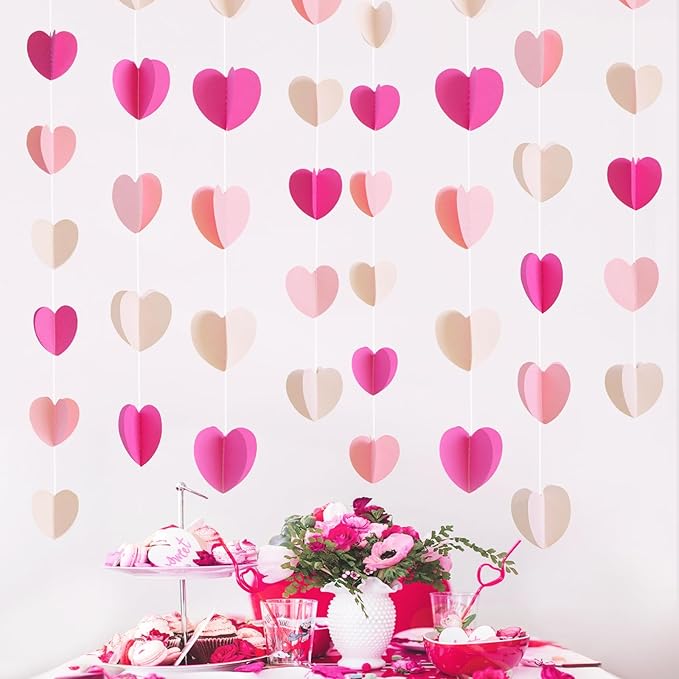 JijAcraft 120 Heart Garland Banner Hot Pink - Valentines Day Decorative 3D Paper Hanging Streamers for Engagement, Bachelorette, Home Decor, Wedding, Birthday Party