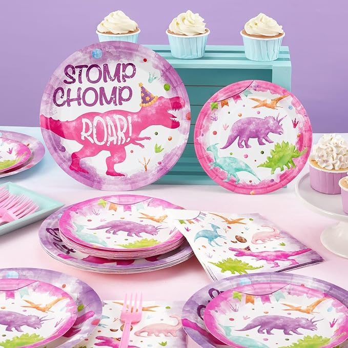 WERNNSAI Girl Dinosaur Party Decorations - 64 PCS Dinosaur Plates Napkins and Forks Pink Dino Birthday Decorations Dino Party Plates for Kids Girls Birthday Baby Shower Favors Serves 16 Guests