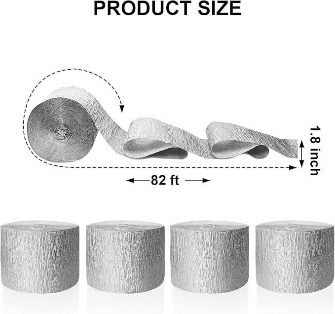 4 Crepe Paper Streamers Rolls, 328ft Silver Crepe Paper for Happy New Year Decorations Birthday Wedding Baby Shower Party Decorations (1.8 inch x 82 ft/Roll)