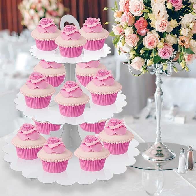 White Cupcake Stand Tower, 3-Tier Cardboard Dessert Display with Heart Handle,Perfect for Birthday Baby Shower Wedding Tea Party Graduation, Easy 60-Second Assembly, Holds 12+Cupcakes (1-Pack)
