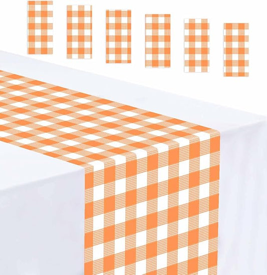6 Pcs Orange and White Checkered Table Runner Plastic 14 x 108 Disposable Orange Gingham Table Runner for Thanksgiving Birthday Wedding Baby Shower Party Table Centerpiece Decorations