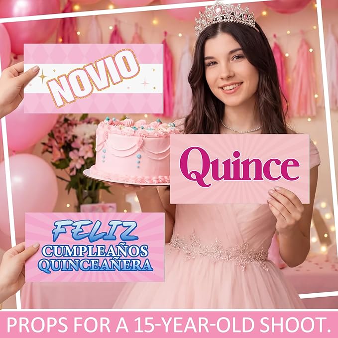 Beeveer 24 Designs Spanish Quinceanera Photo Booth Props Sweet 15th Birthday Parties Decorations Double Sided 11.02 x 5.51'' DIY Waterproof Selfie Signs PVC Printing Photo Props