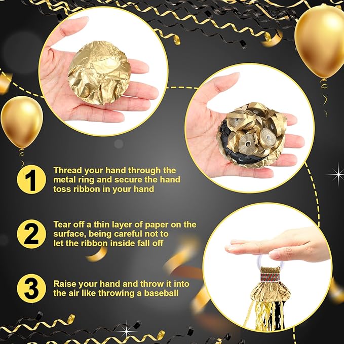 WinnerWhy 30 Pcs No Mess Confetti Poppers Hand Throw Streamers Party Poppers for Graduation 2026 Birthday Celebrations Wedding Engagement Bachelorette Party Supplies(Black and Gold)