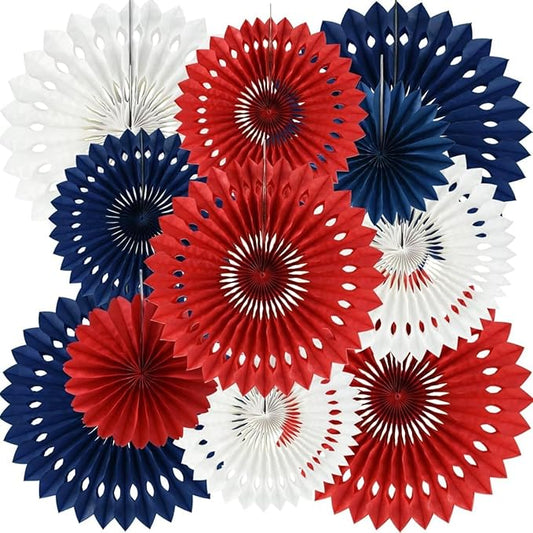 Red White Blue Hanging Honeycomb Round Paper Fans Decoration Patriotic Theme Tissue Paper Fan Garland for Shower Birthday Graduation Wedding Party Supplies 11 Count