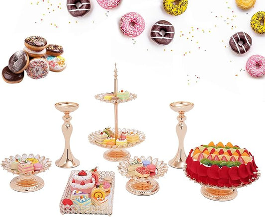 7 Pieces Cake Stand Set, Gold Metal Cupcake Holder, Dessert Display Serving Platter, for Birthday Wedding Party Decoration