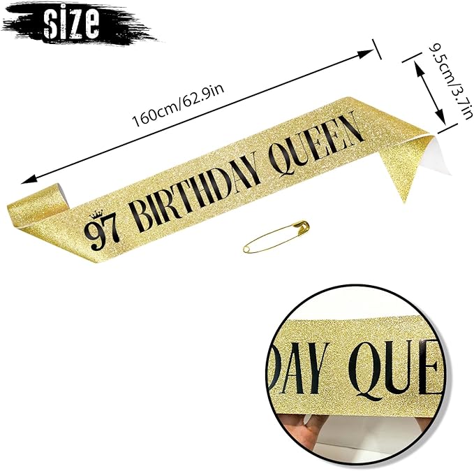 97 Birthday Queen 97th Birthday Sash for Women, Gold Glitter Sash with Black Foil