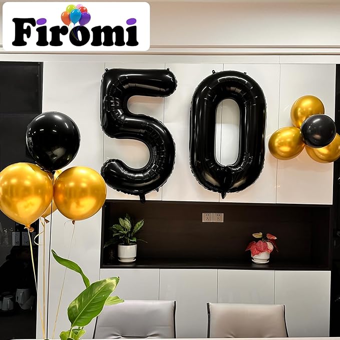 FIROMI 50 Number Balloons Black Big Giant Jumbo Mylar Foil 50 Balloon Numbers for 50th Birthday Party Anniversary Decorations 40-inches