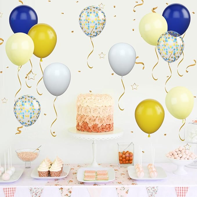 Blue and Yellow Balloons Set, 50Pcs 12 Inch Royal White Confetti Latex Balloons for Wedding Anniversary Baby Shower Birthday Party Decorations