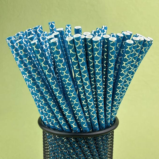 100 pcs Blue With Silver Foil Scale Paper Straws, Hawaii Under The Sea Beach Pool Mermaid Fish Tail Party Drinking Straws Bulk, Kids Cute Birthday Baby Shower Cake Pop Sticks