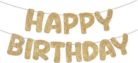 Fulmoon Glitter Pre Strung Happy Birthday Banner No DIY Party Decorations Happy Birthday Sign Decor for Men Women Boy Girls Backdrop(Champagne Gold)