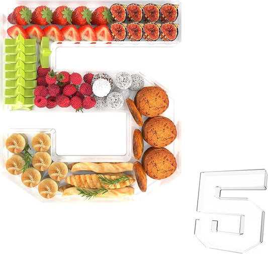 13.8" Acrylic Number Charcuterie Tray, Fillable Number Charcuterie Box for food, Reusable Serving Cake Candy Dish Display Tray for Birthday Anniversary Party Decoration (Square Number 5)