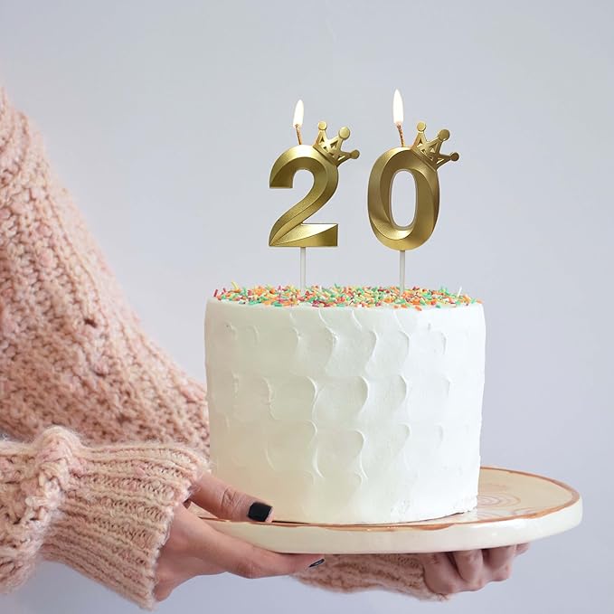 The Number 20 Gold Birthday Candles for Cake is Beautiful Number Candles for 20th Birthday Decorations for Man and Women (Gold-20, Crown)