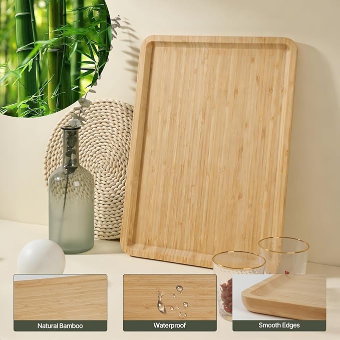 Bamboo Serving Tray Rectangle Platter Breakfast Dinner Food Bed Tray for Eating Kitchen Restaurants (1, 15.7" x 12.8" x 0.8" (no Handle))
