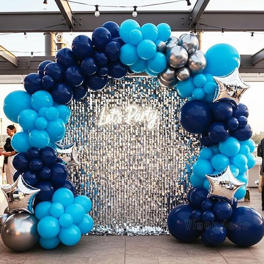Blue Balloon Arch Kit with 2 Large Silver Star Foil Balloons – Navy & Light Blue Balloon Garland, 5/12/18 inch Blue Balloons for Birthday, Baby Boy Shower, Wedding & Graduation Decorations