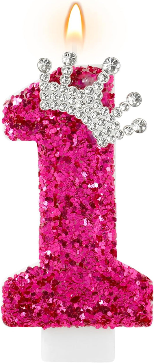 AKURIEEY Hot Pink Birthday Candles Crown Number 1 Candle Birthday Party Decorations Cake Topper Cupcake Decor for Anniversary Celebrations Supplies