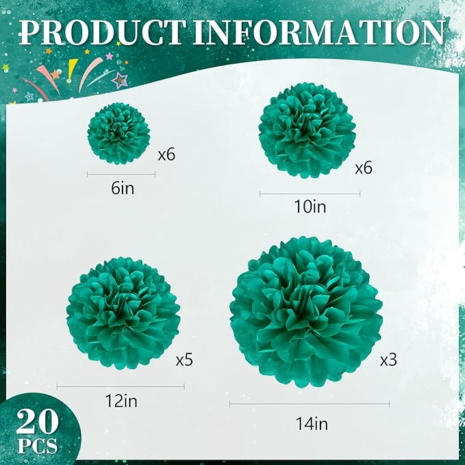 20 PCS Blue Green Tissue Paper Pom Poms, Tissue Pom Poms Flowers, Sizes of 6", 10", 12", 14" Hanging Paper Flower Ball for Wedding, Birthday, Halloween, Christmas, Baby Shower Party Decor