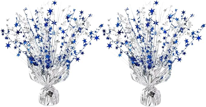 2 Pack Metallic Foil Spray Centerpiece Stars for Wedding, Birthday, Anniversary, Christmas Table Decor, Holiday Festival Baby Shower Graduation Mantle Party Decorations (Silver&Blue)