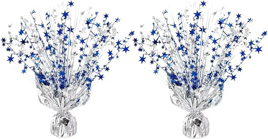 2 Pack Metallic Foil Spray Centerpiece Stars for Wedding, Birthday, Anniversary, Christmas Table Decor, Holiday Festival Baby Shower Graduation Mantle Party Decorations (Silver&Blue)