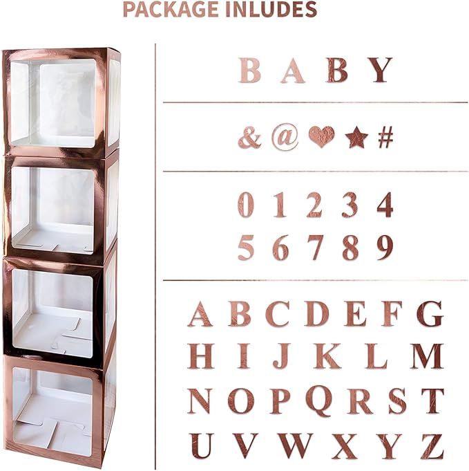 Baby Shower Decoration Boxes Kit, 4 pcs Rose Gold Transparent Balloon Boxes with 30 Letters 10 Numbers 5 Symbols, Baby Blocks for Baby Shower Gender Reveal Backdrop Birthday Party Decor