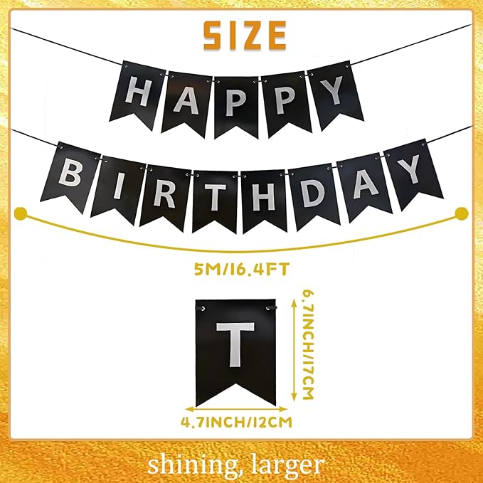 Black Happy Birthday Banner,Pre-Strung Black and Silver Birthday Party Decorations,16ft Hanging Sign for Kids, Girls, Boys, Women – No DIY, Backdrop Supplies
