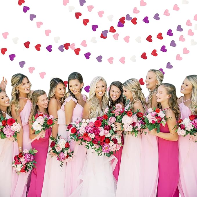 Hot-Pink Purple-Red Valentines Party-Decorations Heart-Garland - 62ft Women Girl Streamers Banner,Mothers Day Birthday Bachelorette Engagement Bridal Baby Shower Backdrop Decor Supplies Burgleda