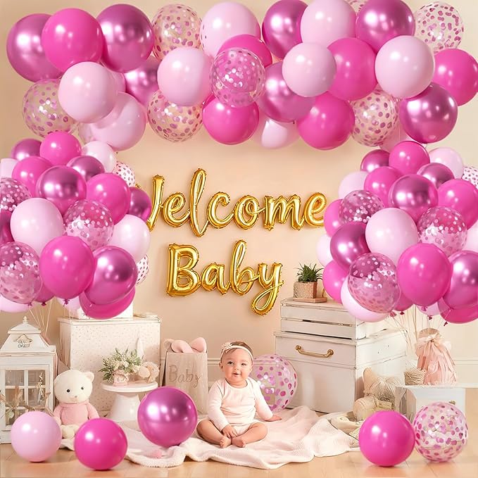 Pink Balloons Hot Pink Balloons, 50pcs Light Pink Metallic Chrome Dark Pink Confetti Latex Party Balloons for Girls Women Birthday Bridal Shower Wedding Princess Party Decorations